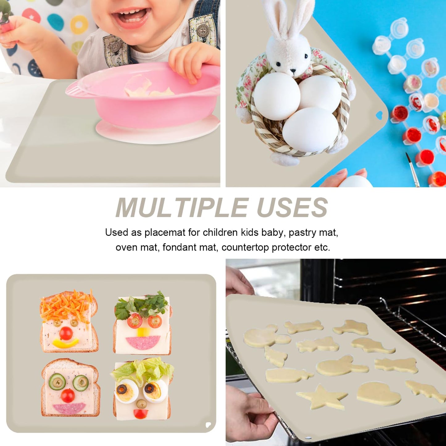 Silicone Placemats for Toddlers Thicker Version, Non-Slip Reusable Kids Placemats for Dining Table, Stain-Proof Baby Table Mat for Restaurants 6 Packs (Light Gray&Beige)