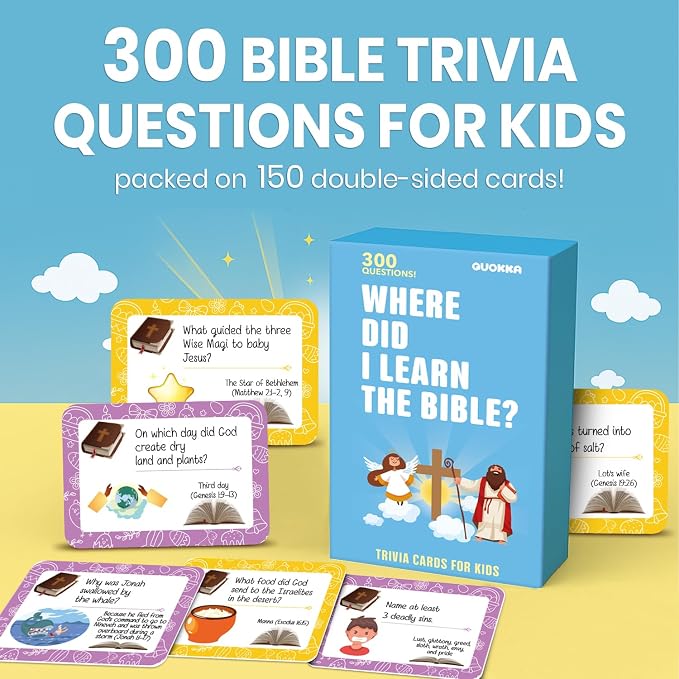QUOKKA 300 Engaging Bible Trivia Card Questions – Fun Bible Games for Kids and Families to Learn About Scripture – Christian Games for Sunday School, Homeschool, and Family Bible Study