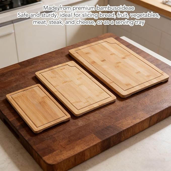 Chopping Boards,3PCS Natural Wood Cutting with Juice Grooves Inner Handles Multi Purpose Kitchen Prep Boards