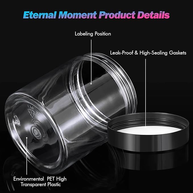 48 Pack 8 OZ Plastic Jars Round Clear Cosmetic Container Jars with Lids, Eternal Moment Plastic Slime Jars for Lotion, Cream, Ointments, Makeup, Eye shadow, Rhinestone, Samples, Pot, Travel Storage