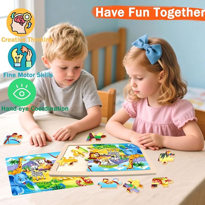 Wooden Puzzles for Kids Ages 4-6, 24 Pieces Dinosaur, Undersea, Wildlife, Farm Jigsaw Puzzles for Kids Ages 3-5. 4 Pack Toddler Puzzles Toys for Boys and Girls Ages 3,4,5,6 Year Old