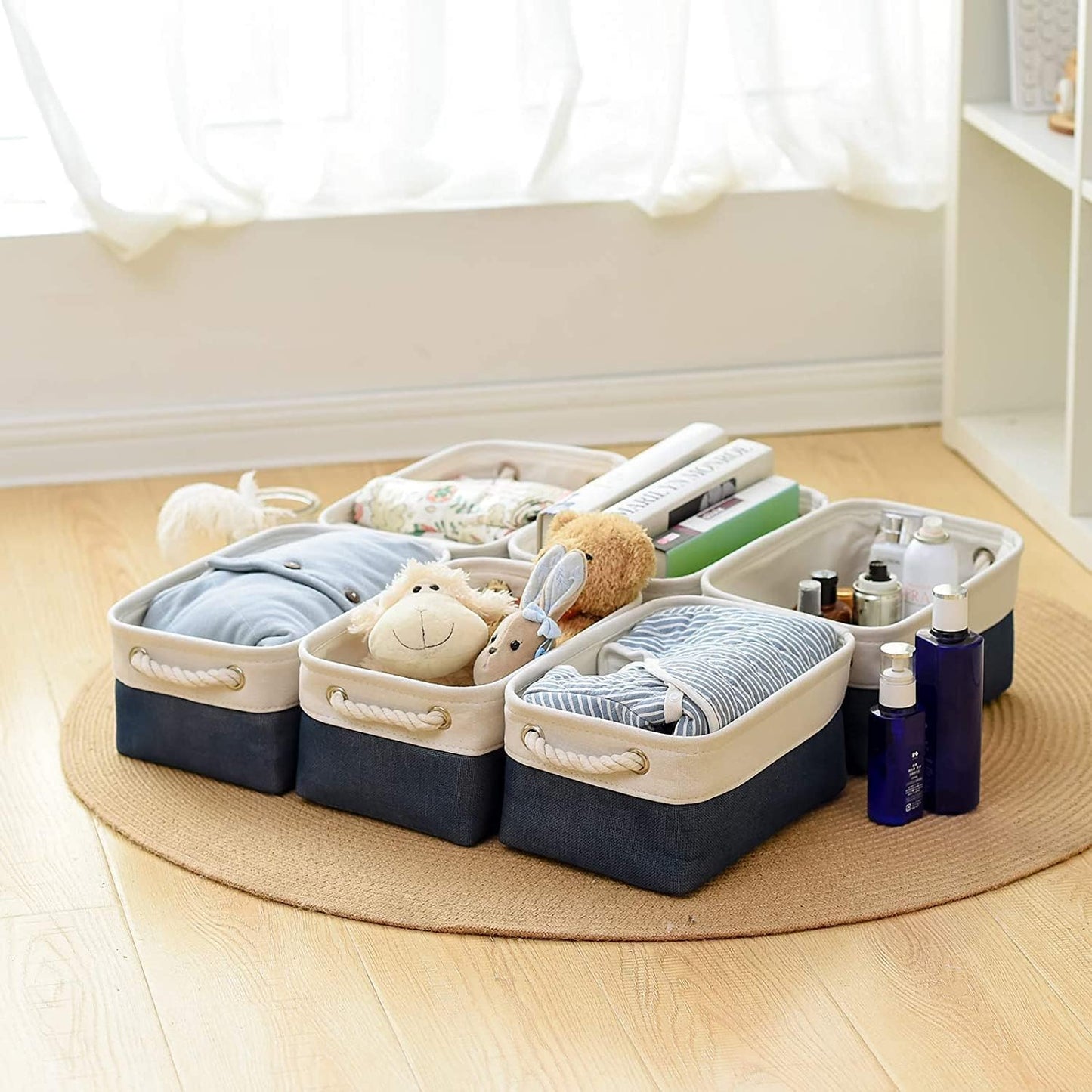 TheWarmHome Storage Bins for Shelves - 12x8x5.2 inch 1 Pack Baskets for Gifts Empty, Fabric Storage Cubes for Closet Organizing Dog Gift Cloth Toy (White & Jean Blue)