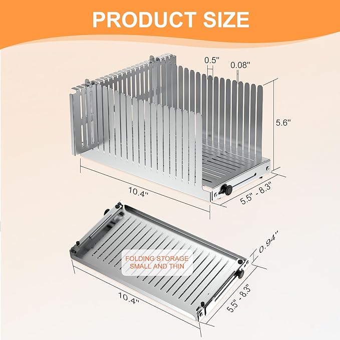 Stainless steel Bread Slicer for Homemade Bread,Adjustable Width,Foldable Compact,Bread Slicing Guide,Bread Loaf Slicer,for Cakes,Bagels,slice is 0.5",Bread width: 5.5"-8.3"(Silvers)
