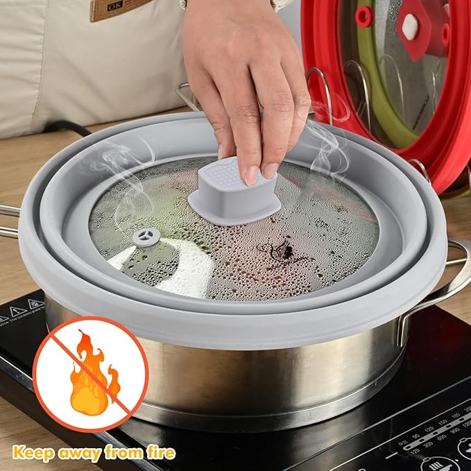 2 Pack Microwave Splatter Cover Glass Guard Lid with Collapsible Silicone for Food Pot Plate 8.5 inch and 9.8 inch Grey, Tall Lid and Standard Size Lid