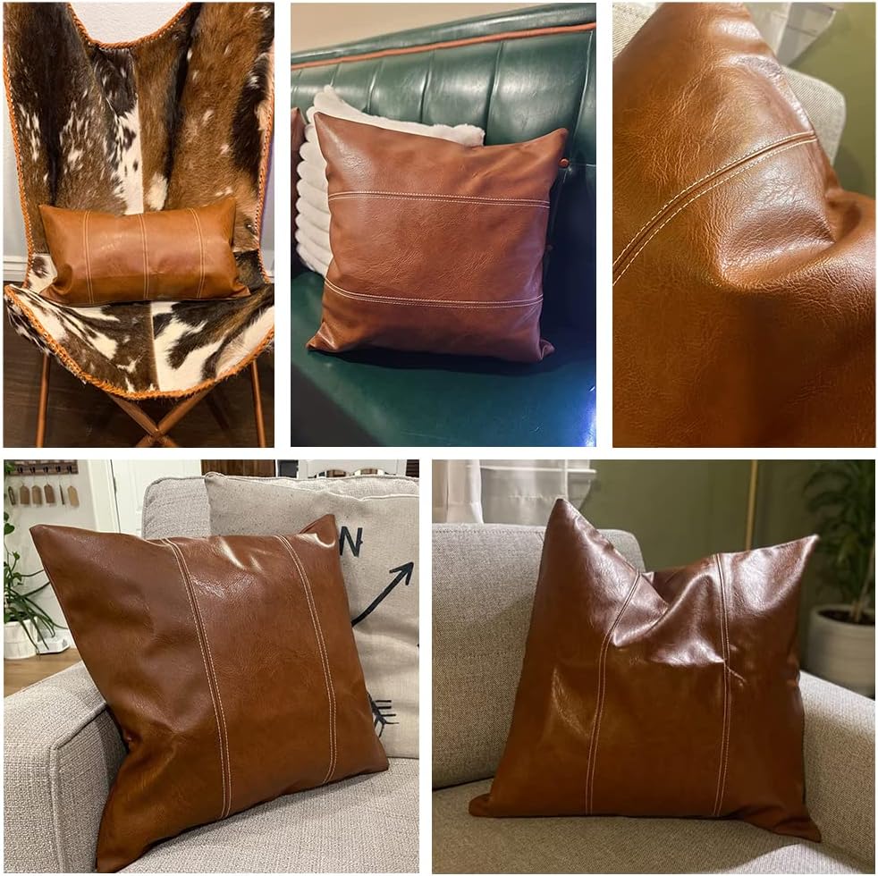 Fancy Homi Brown Boho Faux Leather Decorative Throw Pillow Covers 20x20 Inch for Living Room Couch Bed, Hand Stitched Accent Square Cushion Case 50x50 cm, Luxury Modern Farmhouse Home Decor