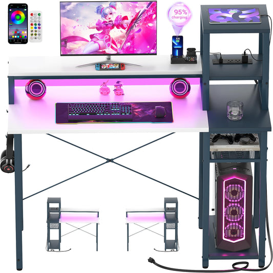 armocity 2024 Upgrade Gaming Desk with LED Lights, Computer Desk with Long Monitor Stand, 40'' Reversible Laptop Table with Shelves, Small Desk for Small Spaces, Gaming Room, White and Blue
