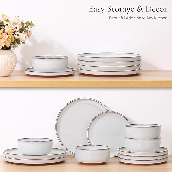 E-far Stoneware Dinnerware Sets for 6, 18 Pieces Reactive Glaze Plates and Bowls Sets, Elegant Dishes with Rustic Terracotta Clay Base, Dishwasher & Microwave Safe, Scratch Resistant, Glacier White