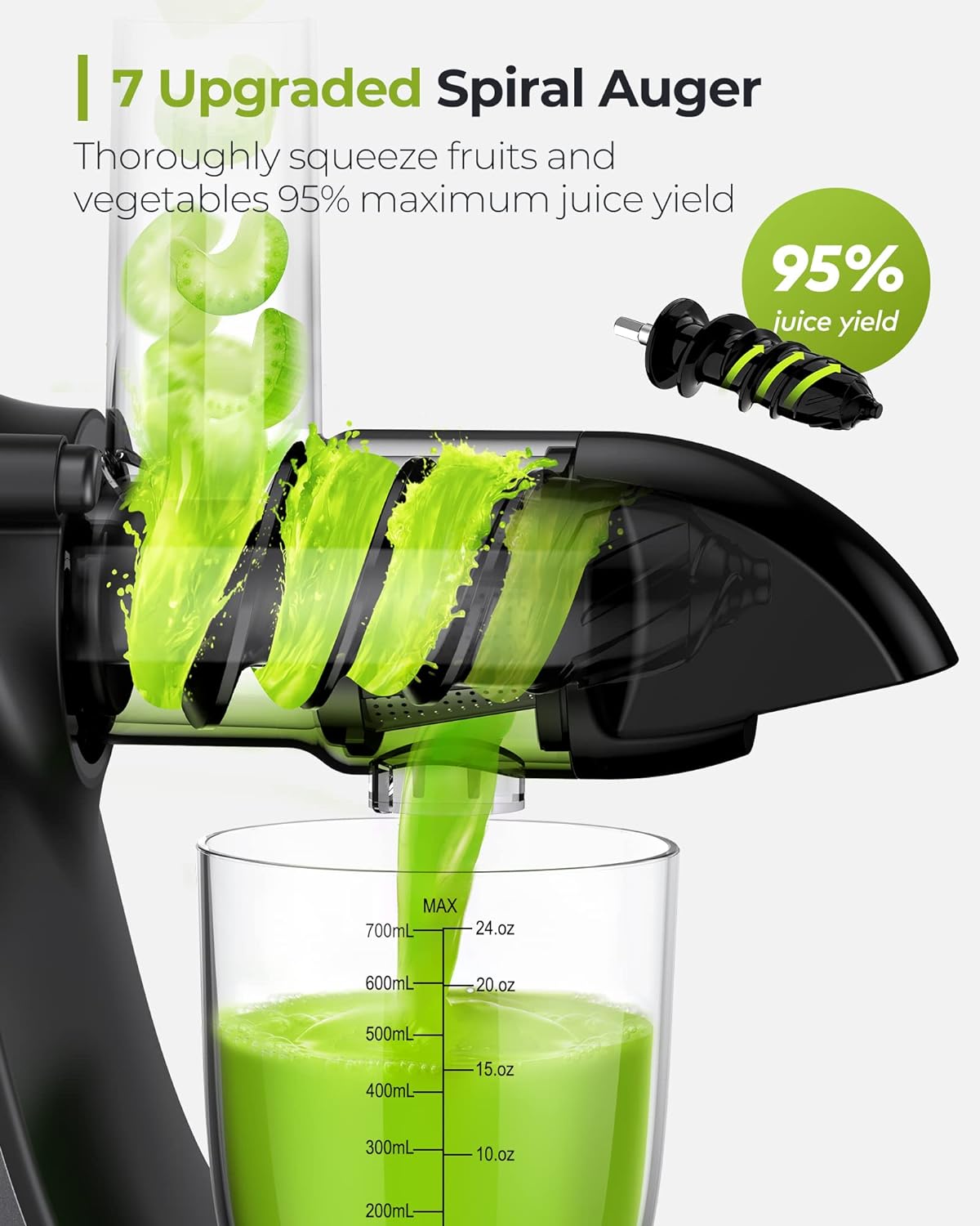 Jocuu Slow Masticating Juicer Machines with Soft Hard Modes Easy to Clean Quiet Motor & Reverse Function, Cold Press Juicer for Fruit & Vegetable, 90% Juice Yield, with Brush & Recipes (Grey)