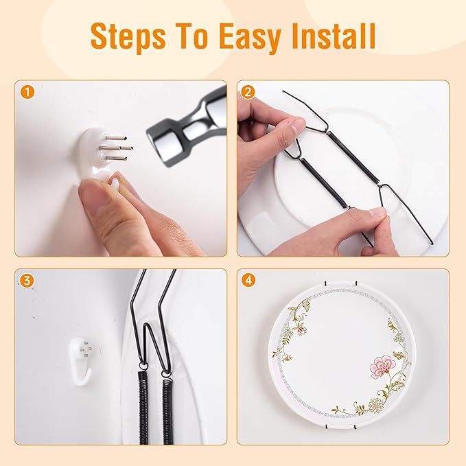 Bilillo 14 Pcs Plate Hangers for Wall - 8/10/12/14/16 Inch Invisible Plates Hanger, Stainless Steel Plate Holders with 14 Pieces Wall Hooks for 7.5 to 19.5 Inch Decorative Plates and Arts (Black)