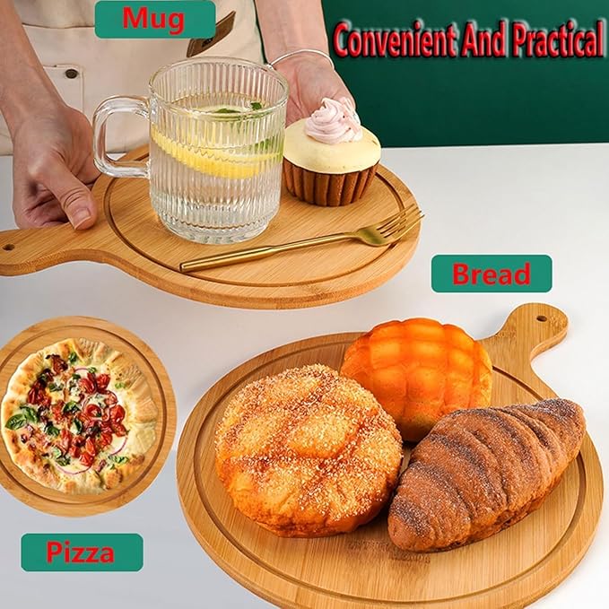 6 Pack Pizza Board Set – Premium Wooden Pizza Plates for Serving & Cutting, Round Bamboo Pizza Plate with Handle, Durable & Lightweight for Home & Restaurant (Up to 13 Inches),9inch