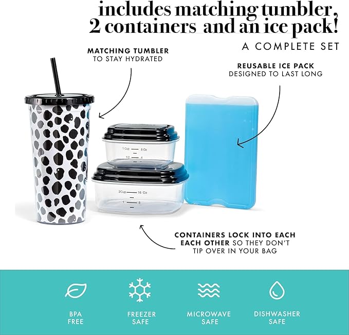 Fit & Fresh Lunch Bag For Women, Insulated Womens Lunch Bag For Work, Leakproof & Stain-Resistant Large Lunch Box For Women With Containers, Tumbler and Ice Pack, Zipper Closure Glam Cat