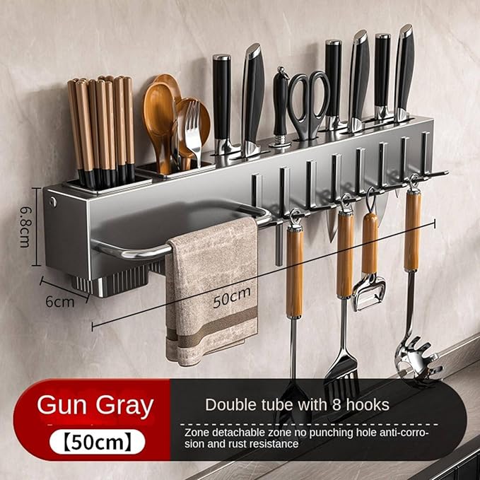 New Multi-Functional Kitchen Rack Home Wall-Mounted Knives Chopstick and Spoon Storage Rack Punch-Free cookware draining Rack
