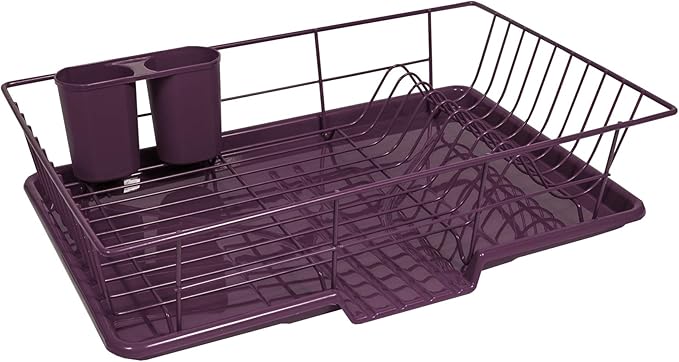 Sweet Home Collection 3 Piece Dish Drainer Rack Set with Drying Board and Utensil Holder, 12" x 19" x 5", Eggplant Purple(Pack of 1)
