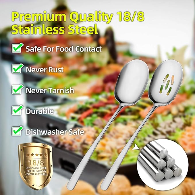 SOLEADER Extra Large Serving Spoons Set, 12 Inch Slotted Spoon and Serving Spoon, Premium Spoons Silverware, Cooking Spoon, Pasta Spoon, Mixing Spoon, Foodgrade 18/8 Stainless Steel, Pack of 2