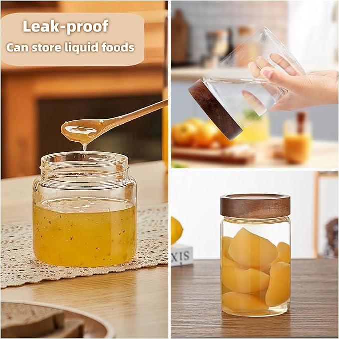 28 Fl oz/850 ml Glass Food Storage Jar, Premium Clear Glass Container Jar with Airtight Wooden Screw Lid, Kitchen Canisters for Coffee,Tea,Pasta,Cookies, Nuts,Spice,Candy,Overnight Oatmeal（Medium）