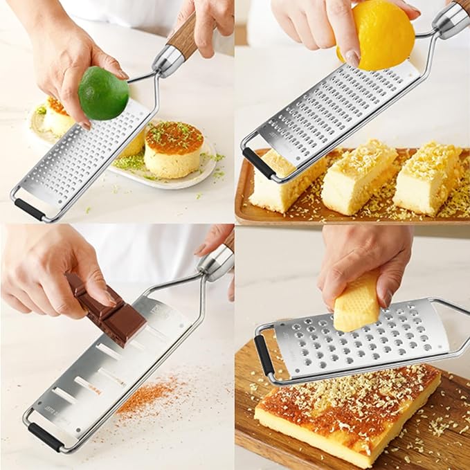 Professional Cheese Grater Stainless Steel,Multi-Purpose Grater With Wood Handle for Cheese, Ginger, Lemon, Garlic, Nutmeg,Fruits,Chocolate & Spices-Wideboard (Grinding)