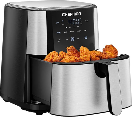 Chefman Air Fryer 6 Qt | TurboFry® 5-in-1 with 450°F Hi-Fry Option for Crispier Results | Bake, Dehydrate, Frozen | XL Nonstick Dishwasher-Safe Basket | Stainless Steel