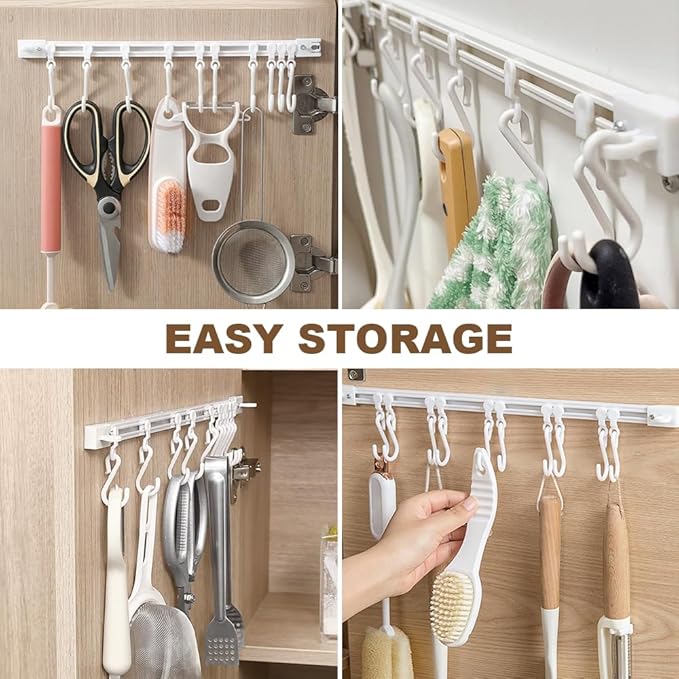 Multifunctional Slide Rail Hook,Kitchen Utensil Hanging Rack Wall Mounted Hanger,Space Saving Utensil Holder with 10 Hooks ,Sliding Track Hook No Drilling Hanger for Home Office (Length 30cm/2pcs)