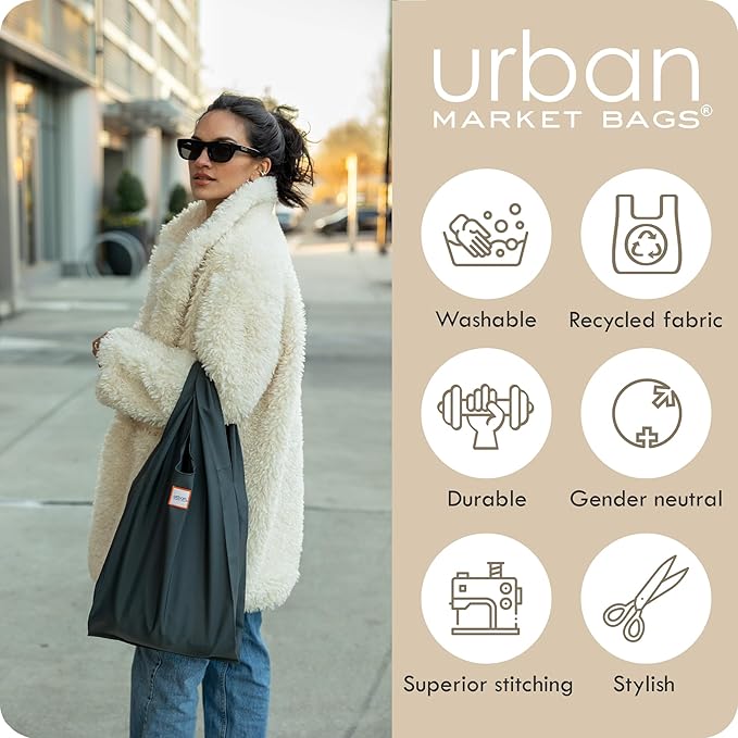 Urban Market Bags - Galaxy - 3 Foldable Reusable Shopping Bags in 1 Compact Pouch, Luxury Quality, Recycled Fabric, Holds 50+ lbs, Machine Washable, Pouch Fits in Cupholder, Designed in California