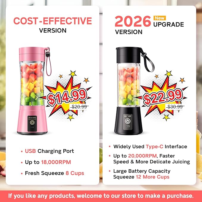Cordless Portable Personal Size Blender - Mini Blender Make Smoothies and Shakes, 380Ml BPA Free Travel Cup, Powerful Blending Suit in Office/Home/Gym, Mother's Day