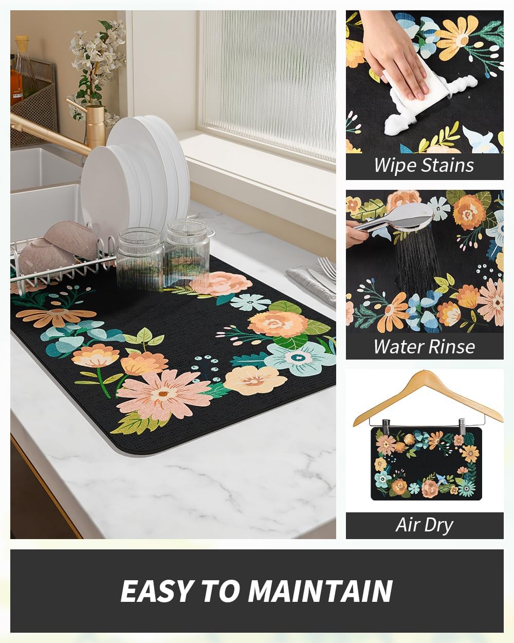 AMOAMI Coffee Mat Hide Stain Rubber Backed Absorbent Dish Drying Mat for Kitchen Counter - Bar Accessories Fit Under Coffee Maker, Espresso Machine, Dish Rack - Floral Black 16x24