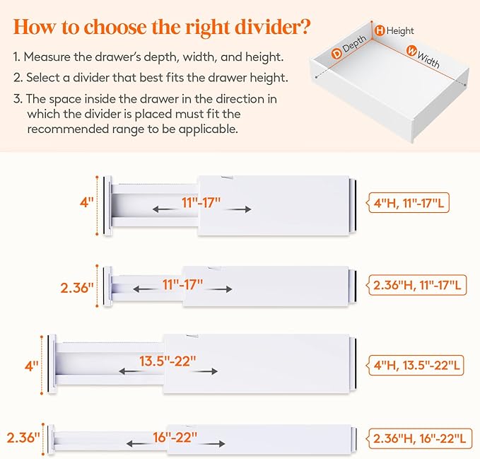 Lifewit 8 Pack 2.36" High Drawer Dividers 28-43.5cm/11-17" Adjustable Drawer Organizer for Clothes/Utensils, Expandable Drawer Separator in Dresser/Kitchen/Bedroom/Office Organization & Storage White