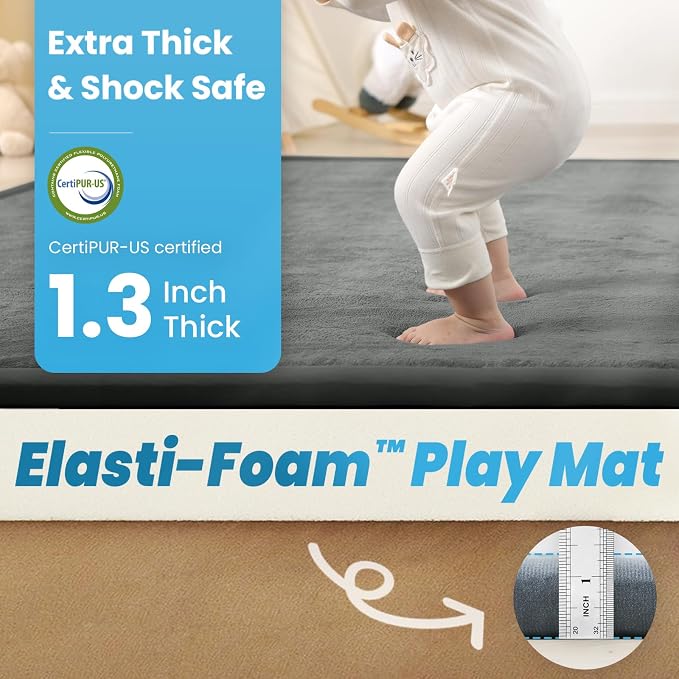 1.3" Thick Baby Floor Play Mat, 59x79 Padded Foam Tummy Time Crawling Mat, Non-Slip Water-Repellent Soft Plush Nursey Area Rug for Playroom Bedroom Living Room (Dark Gery)