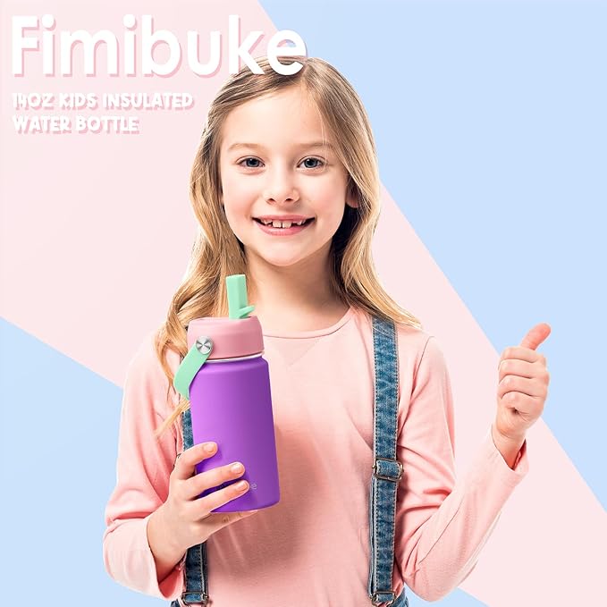 Fimibuke Kids Insulated Water Bottle, 14oz BPA FREE 18/8 Stainless Steel Travel Tumbler Double Wall Vacuum Leak Proof Kids Cup with Straw Metal Water Bottle for School Boys Girls(1 Pack, Lilac)