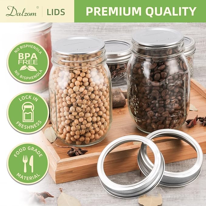 Dalzom® 24Pcs Canning Lids with 24Pcs Rings Regular Mouth, Premium Mason Jar Lids with Bands/Rings for Ball, Kerr Jars - Food Grade Material, 100% Fit & Airtight for Regular Mouth Mason Jars