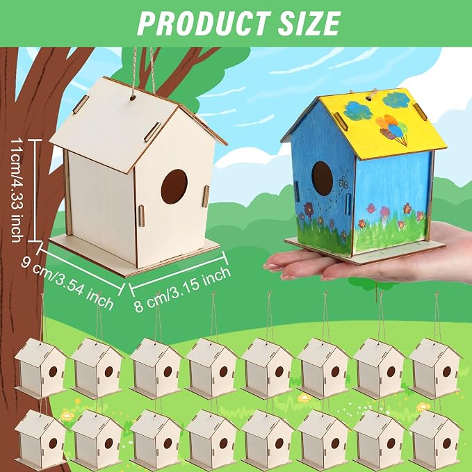 DoubleFill 120 Pcs 4.33" Wooden Bird Houses Crafts Kit for Kids DIY Unfinished Hanging Birdhouse for Art Painting Wood Toys Boy Girl Class Back to School Classroom Project Parties Creative Activity