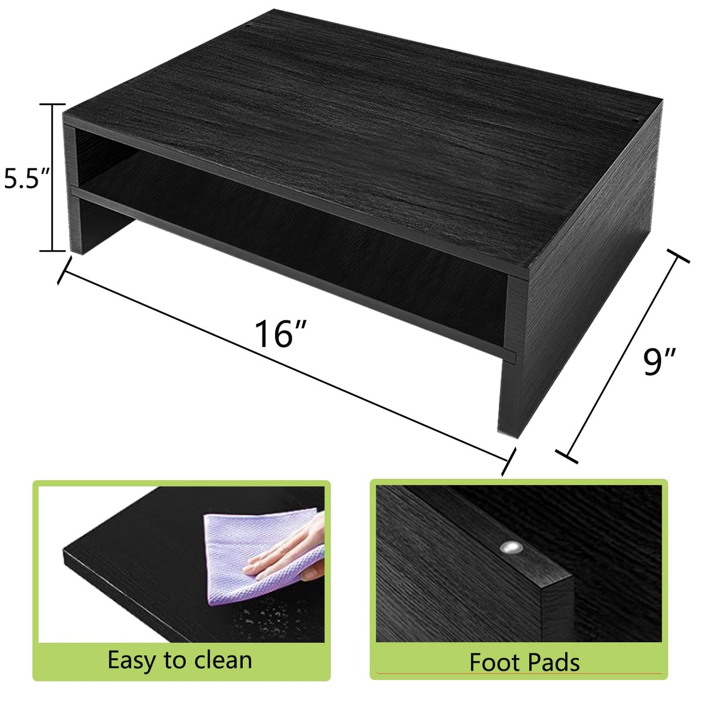 Simpple Trending Monitor Stand Riser, 2 Tier Wood Office Desk Storage Organizer for Laptop, Computer, Black