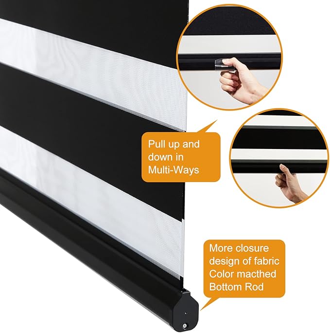 Persilux Cordless Zebra Blinds for Windows Free-Stop Roller Window Shades (39" W X 72" H, Black) Dual Layer Light Control for Day and Night, Light Filtering Sheer Shades for Home, Easy to Install