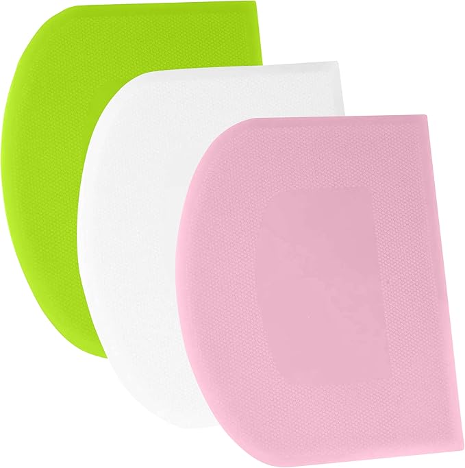 SURDOCA Dough Scraper Bench Scraper - 3P 9.5x6.1" Plastic Flexible Bowl Scraper, Sharp Edge & Angles Cake Scraper. Non-Slip Bakeware Decorating Tools Sculpting & Modeling Tools - Pink+White+Green