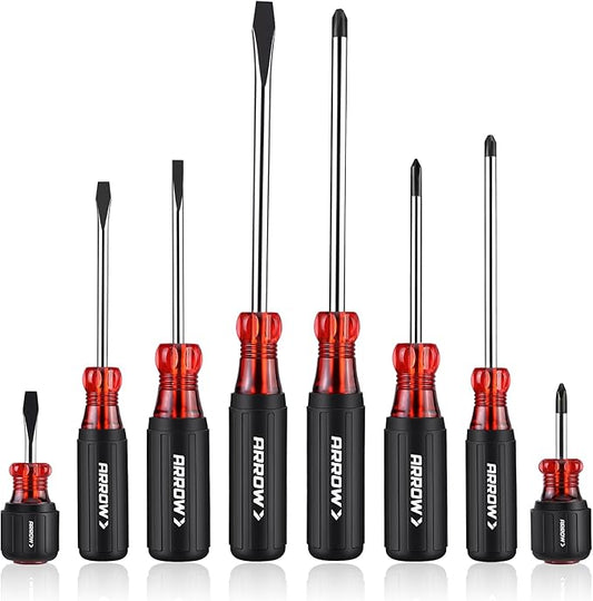 ARROW 8 PCS Magnetic Screwdriver Set, Professional S2 Steel Screw Driver Kit with Non-Slip Cushion Grip, Stubby Screwdrivers, Magnetic Phillips and Flathead Tips, for Home and Industrial Use