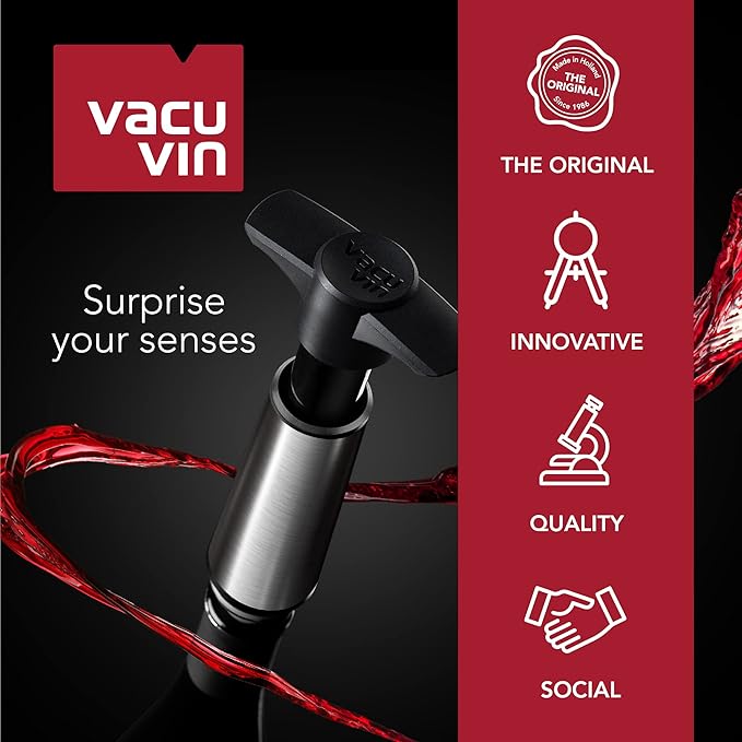 Vacu Vin Wine Saver Pump Pink with Vacuum Wine Stopper - Keep Your Wine Fresh for up to 10 Days - 1 Pump 6 Stoppers - Reusable - Made in the Netherlands