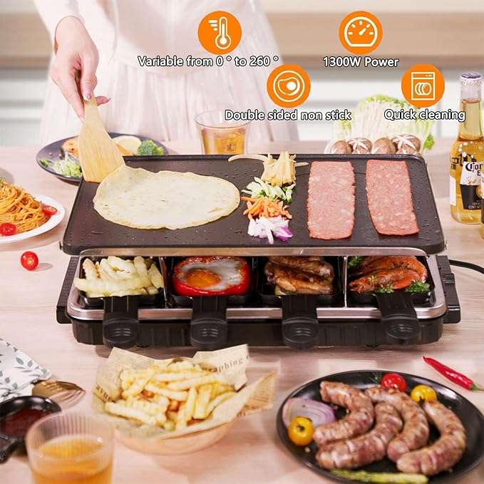 Electric Korean BBQ Indoor Grill Table Smokeless Portable Griddle Raclette Grill Nonstick with 8 Cheese Maker Pans Temperature Control & Dishwasher Safe 1300W Ideal for Parties and Family Fun