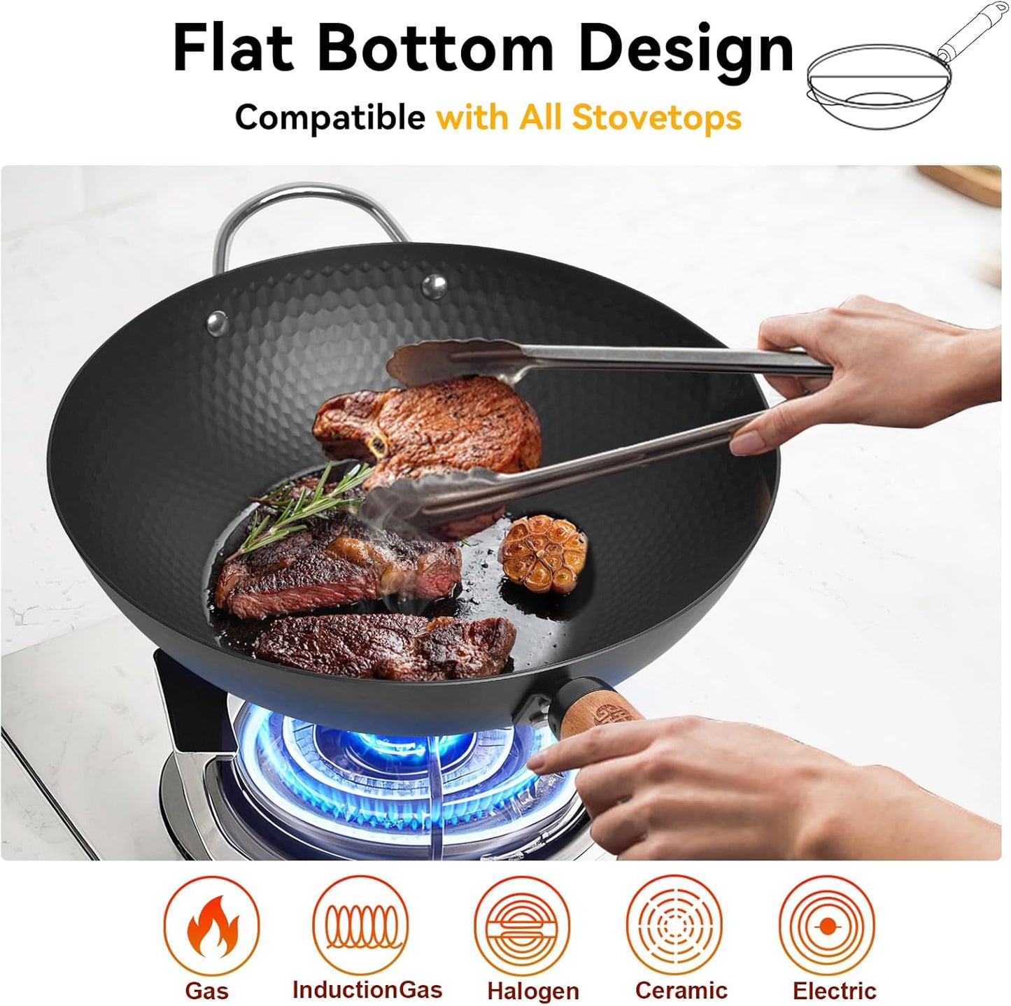 WANGYUANJI 12.6" Wok with Lid, Flat Bottom Nonstick Wok Pan for Induction Cooktop, Stir Fry Woks & Pans for Cooking