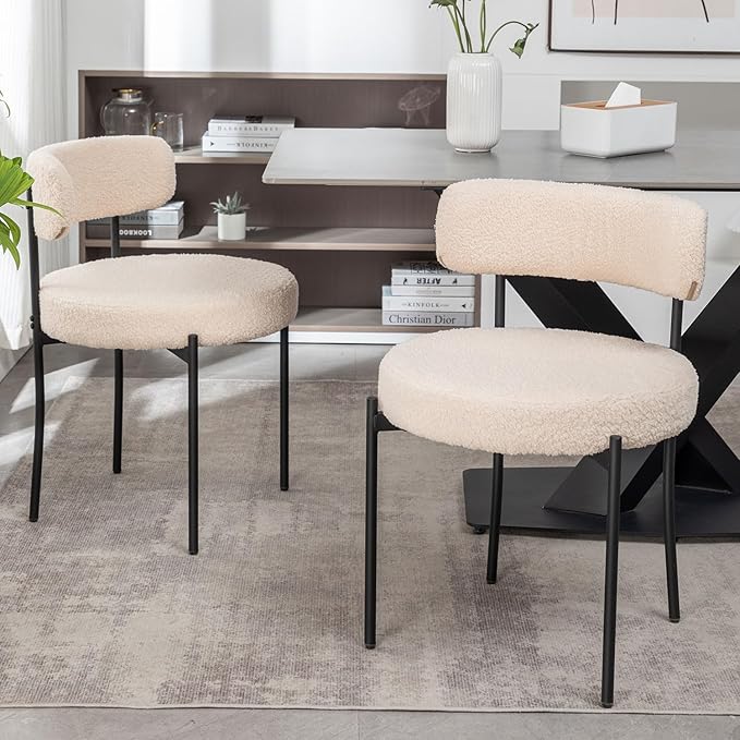 Boucle Dining Chairs Set of 2, Upholstered Dining Room Chairs with Black Metal Legs, Round Modern Dining Chair for Dining Room, Kitchen