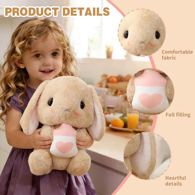 HOUPU Soft Toy - Sitting Lop Eared Rabbit, Easter White Rabbit Stuffed Bunny Animal with Carrot Soft Lovely Realistic Long-Eared Standing Pink Plush Toys (Brown-Milk Bottle,12.5in/32cm)