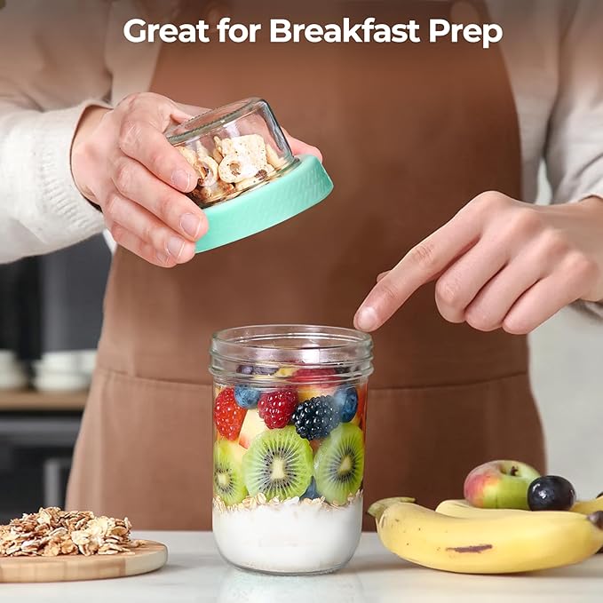 ComSaf Pink Overnight Oats Containers with Lids (16oz+4oz, 1Pcs), Glass Yogurt Parfait Cups for Cereal Nut Fruit, Dual-Layer Chia Pudding Jars with Dry and Wet Separation, Meal Prep, Glass for Salad