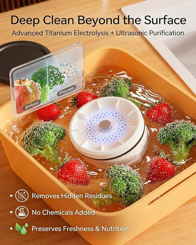 Ultrasonic Fruit and Vegetable Produce Cleaner Device Washing Machine Portable Wireless Waterproof Veggies Wash Cleaning Purifier with Titanium Electrolysis Purification for Home Kitchen(1PC)