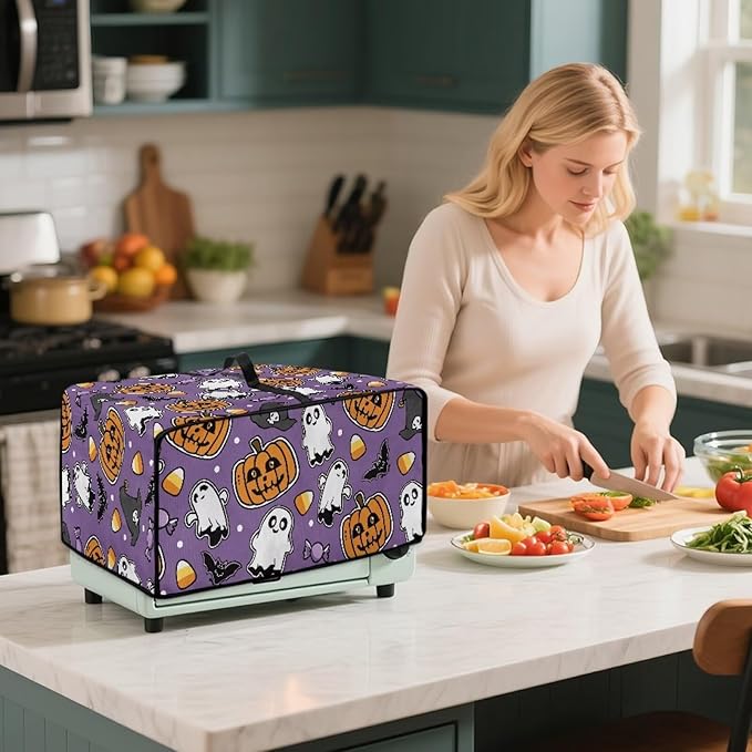 Air Fryer Toaster Oven Cover with Side Pockets, Protective Electrical Appliance Cover Kitchen Countertop Accessories, M, Ghost Pumpkin Bat Candy Violet Halloween Decor