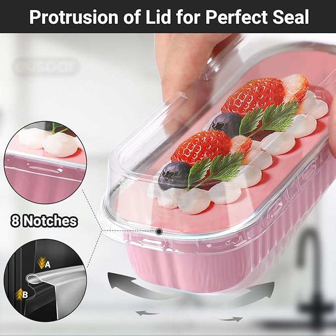 EUSOAR Cupcake Liners with Lids, 25pcs 6.8oz 6.5"x2.5"x1.2" Pink Aluminum Mini Loaf Pans with Lids, Foil Ramekins Pan Tin with Lids，Cupcake Baking Cups Containers, Dessert Cheesecake Pan