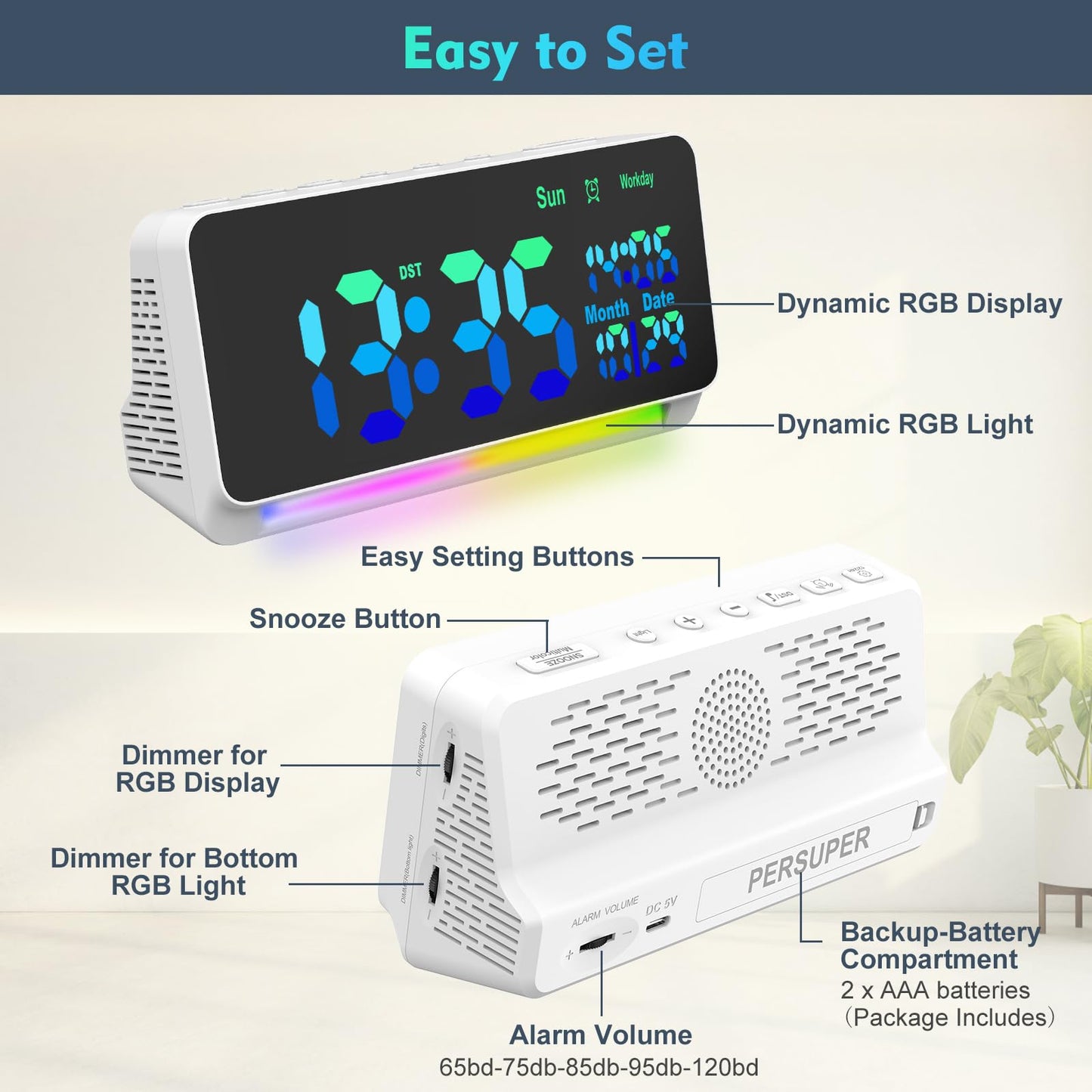 PERSUPER 120db Super Loud Alarm Clock for Heavy Sleepers, Bluetooth Connection, 15 Wake Up Sounds, 7 Color Night Light, Dynamic RGB Color Changing, 0-100% Dimmer, Snooze, Digital Clock for Bedroom