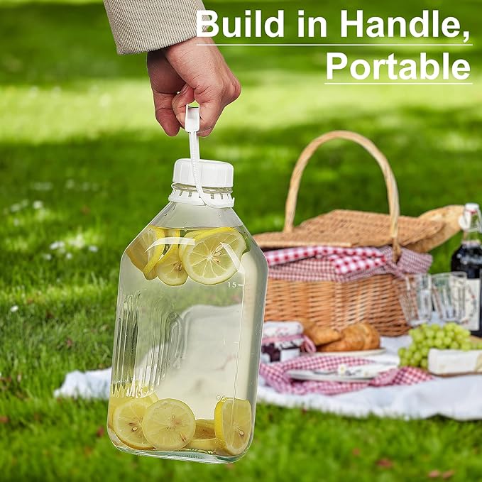 3 Pack 2 Qt Glass Water Bottles with Handle and Airtight Reusable SCREW LID - 64 Oz Juice Jugs, 1/2 Gallon Glass Milk Container for Fridge, Breast Milk Jug Pitcher with 2 Spouts, Extra Lids & Handles