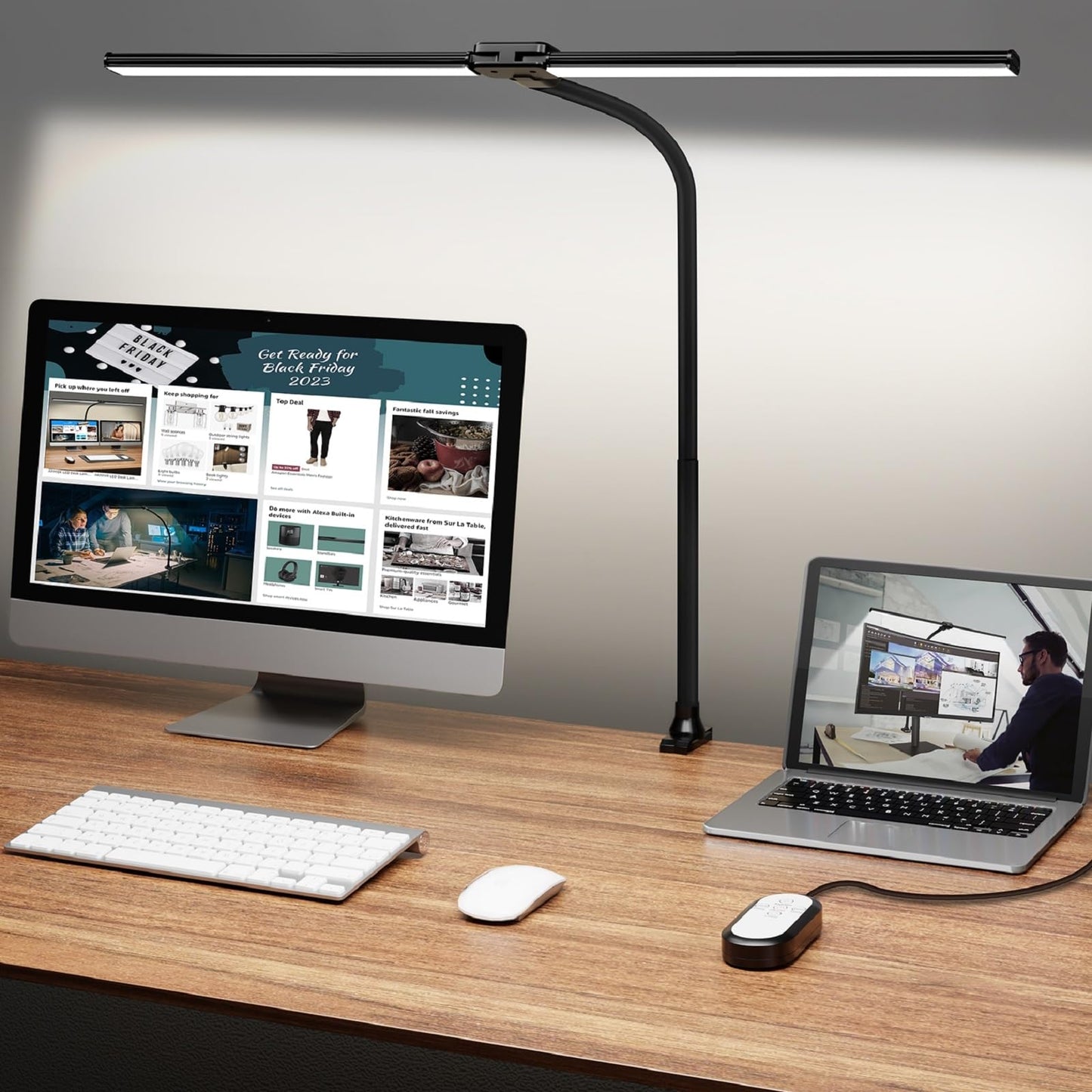 ShineTech Led Desk Lamp for Office Home, Bright Double Head Desk Light with Clamp, Architect Task Lamp 50 Lighting Modes Adjustable Flexible Gooseneck Lamp