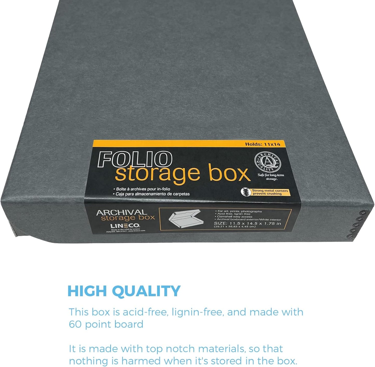 Lineco Folio Storage Box, Clamshell Design with Metal Edge. 11.5x14.5x1.75 Inches, Archival Boxboard, Preserve Photos, Cards, Magazines, Documents, Art, Ephemera, Family Records, Gray, Pack of 2
