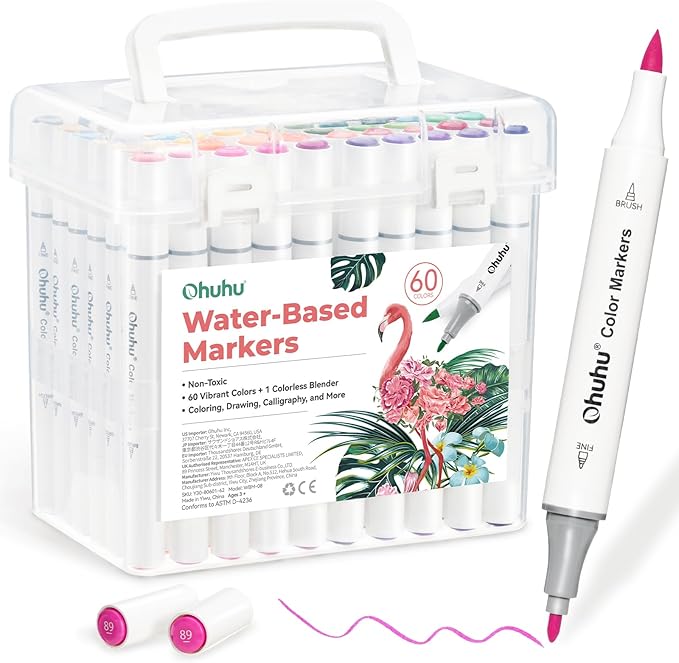 Ohuhu Markers for Adult Coloring Books No Bleeding 60 Colors Water-based Dual Tips Coloring Markers for Kids Adults Beginners Drawing Pens for Journaling Lettering (Brush & Fine)