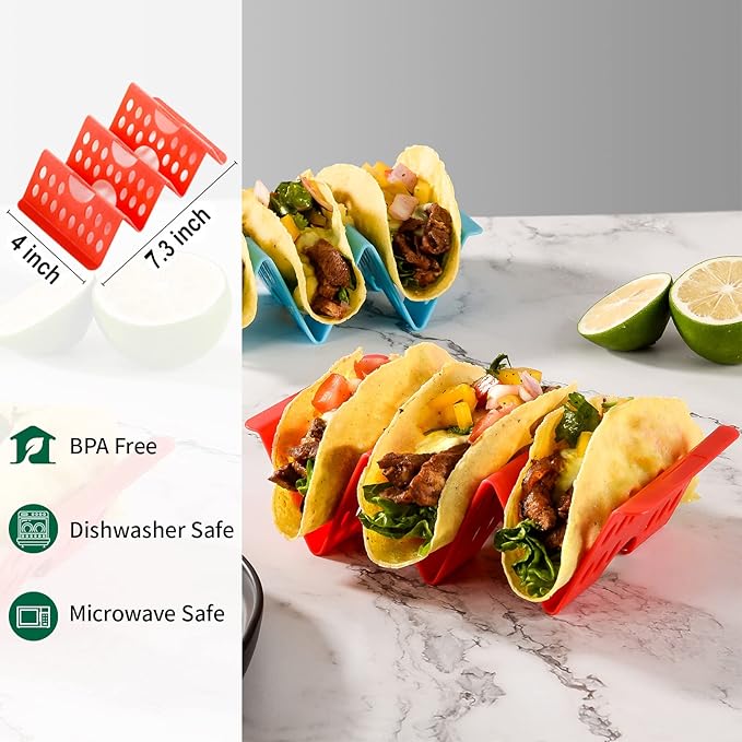 Set of 48 Colorful Taco Holder Stand, Plastic Taco Plates Hold up to 3 Tacos Each, Hard Sturdy Taco Shell Holder, Fiesta Taco Plate, Taco Tray, Dishwasher Microwave Safe, Taco Plates Disposable