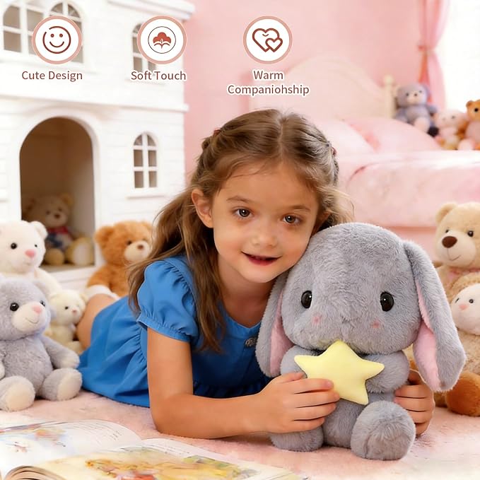 HOUPU Soft Toy - Sitting Lop Eared Rabbit, Easter White Rabbit Stuffed Bunny Animal with Carrot Soft Lovely Realistic Long-Eared Standing Pink Plush Toys (Gray-Star,16.9in/43cm)